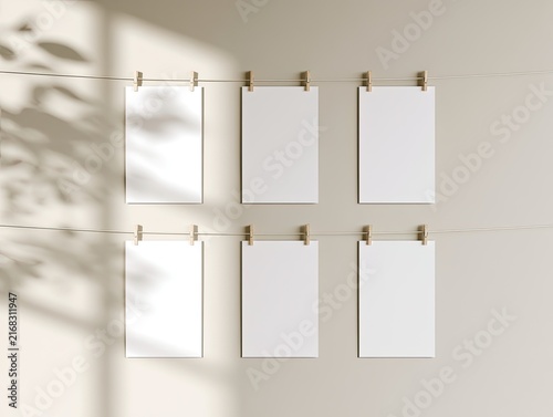 Blank white papers hanging on a string with clothespins, soft shadow