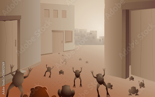Second plague of Egypt, invasion of frogs, biblical illustration from exodus