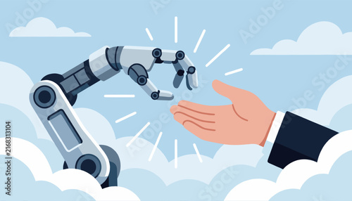 Robotic Hand Shaking Human Hand Against Cloudy Sky Background
