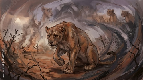 A sorrowful lioness walks through a desolate, fire-ravaged landscape, haunted by memories of her pride.