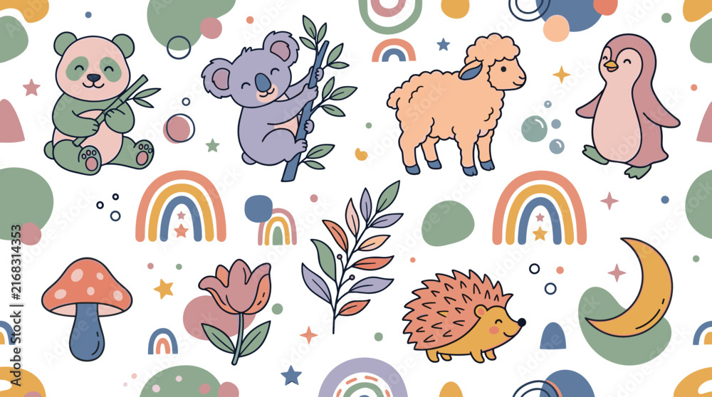 Obraz premium Cute Nursery Baby Animals Seamless Pattern Vector with Panda Koala Sheep Penguin Hedgehog Rainbow Mushroom and Crescent Moon
