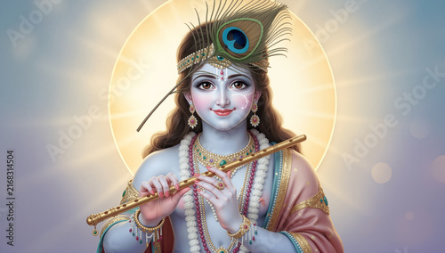 Lord Krishna playing golden flute adorned with peacock feather crown and bright aura