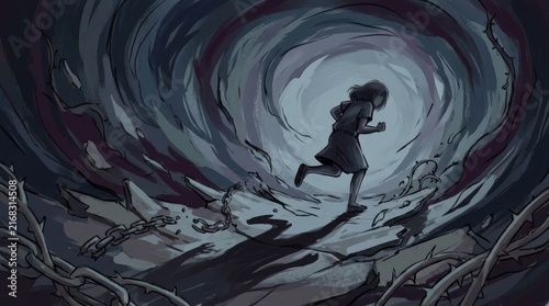 Young girl running through dark swirling tunnel towards light escaping broken chains and thorns