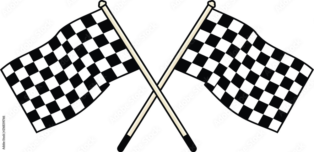 Fototapeta premium Crossed checkered racing flags with black and white patterns for automotive sports competitions and finish line celebration.