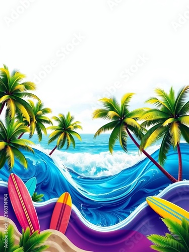 Tropical surfing scene with colorful surfboards and palm trees