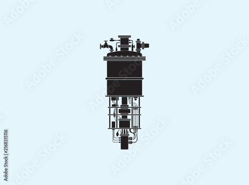 A high contrast front silhouette of a cryogenic dilution refrigerator for quantum tech on white