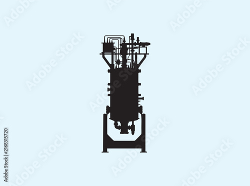 Industrial style front silhouette of a quantum computer cryostat on a clean white backdrop