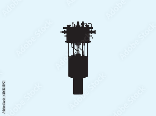 A high contrast black silhouette of a quantum computing dilution fridge cylinder in front view on white