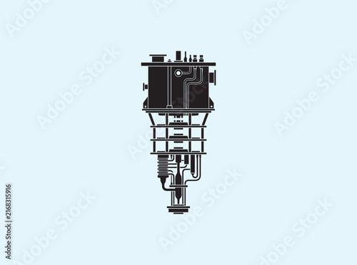 Cryostat dilution refrigerator in black silhouette with clean industrial lines from the front on white