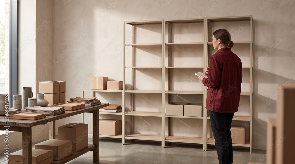 Fototapeta premium Merchandiser plans a modular shelf display in studio