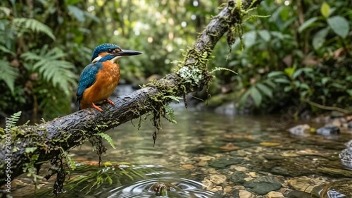 Common Kingfisher Bird Looking Around on Mossy Branch Over Forest Stream - Wildlife Video