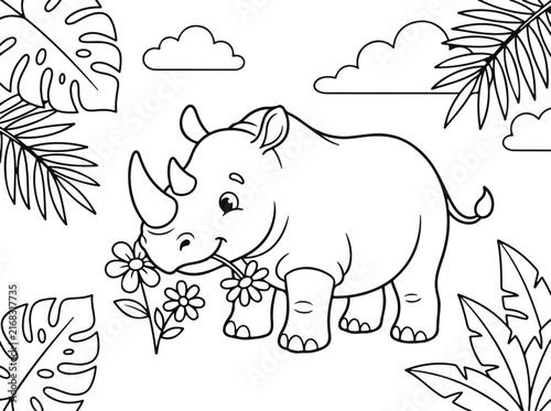 Cute cartoon baby rhino standing in the jungle with flowers coloring page for kids