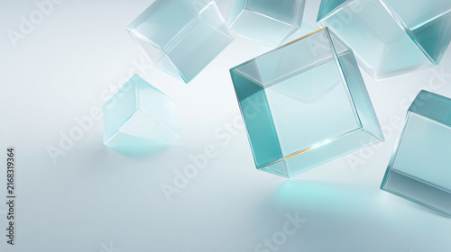 Premium minimalist abstract background, several large translucent geometric glass forms floating at different depths inside a bright seamless white studio