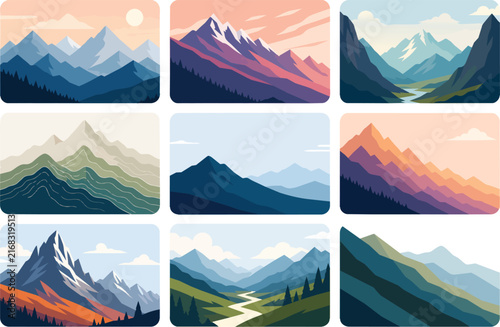 Set of flat vector landscape illustrations featuring mountain ranges