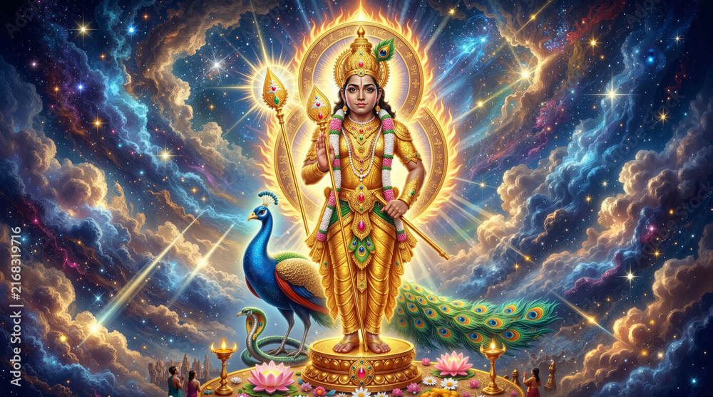Fototapeta premium Golden Hindu deity, possibly Kartikeya or Murugan, with a peacock and snake, set against a vibrant cosmic sky with stars and clouds.
