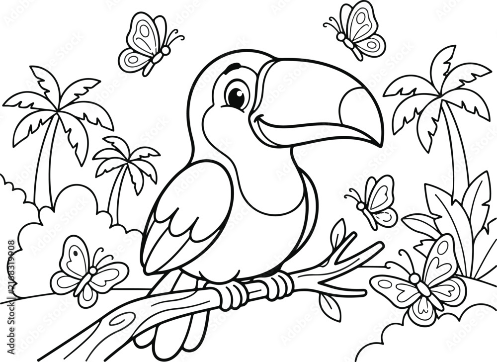 Naklejka premium Cute toucan bird sitting on a branch with butterflies in the jungle, coloring page
