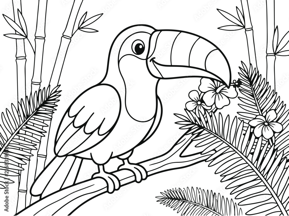 Naklejka premium Cute toucan bird perched on a branch with flowers in the jungle, coloring page