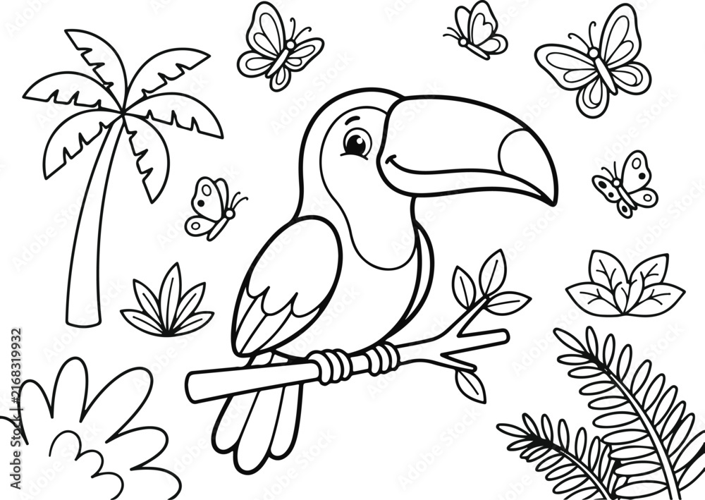 Naklejka premium Cute toucan bird sitting on a branch in the jungle with butterflies, coloring page for kids
