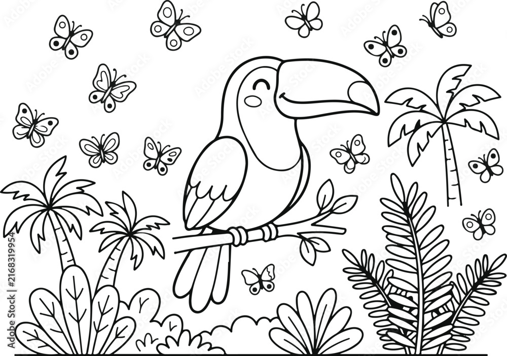 Naklejka premium Cute toucan bird sitting on a branch in the jungle with butterflies, coloring page for kids