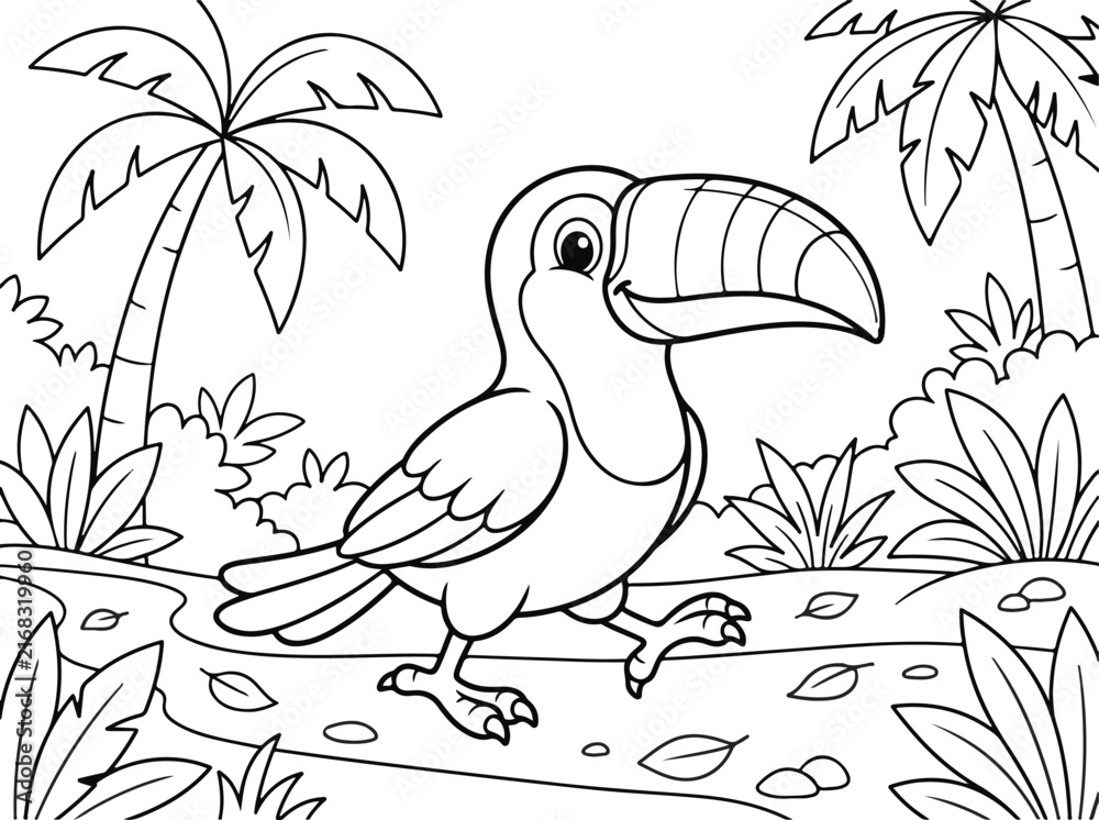 Naklejka premium Cute cartoon toucan walking in the jungle, coloring page for kids