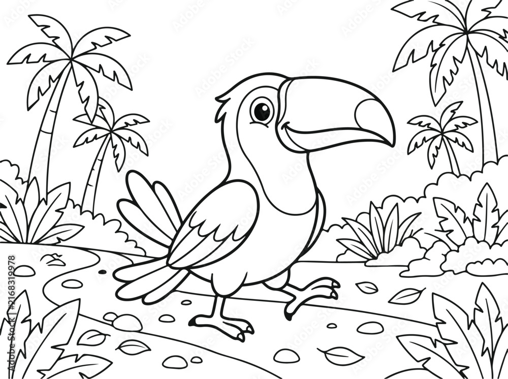 Naklejka premium Cute cartoon toucan walking in the jungle, coloring page for kids