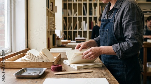 Hands count folded signatures at a bindery bench