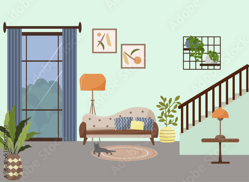 Cozy modern living room interior with sofa and staircase. Flat vector illustration of home with window and houseplant and cat on rug. Domestic life and hygge design concept for entryway decoration