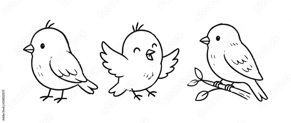 Fototapeta premium Birds hand drawn set. Naive doodle set on a white background