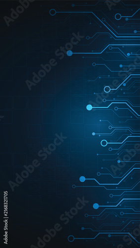 Electronic circuits on a dark blue vertical background.