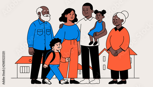 An illustrated multigenerational family of six standing together outdoors, with houses in the background. The group includes grandparents, parents, and two children, all drawn in a simple.