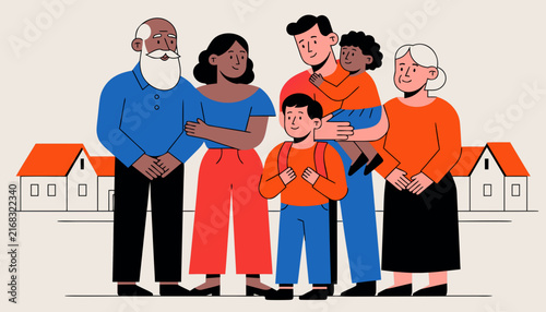 A flat-style vector illustration depicting a multi-generational family standing together outdoors against a minimalist suburban backdrop with houses.