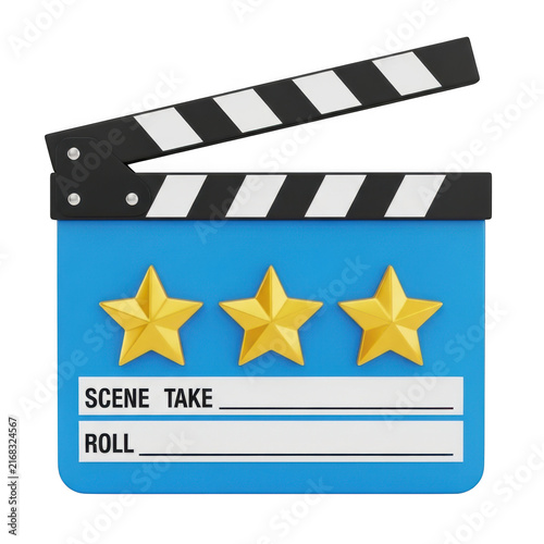 Blue movie clapperboard icon with three gold stars for cinema and film production isolated on transparent background