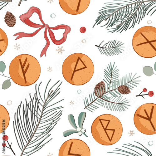 Foto Christmas foliage and Elder Futhark Viking Rune Cookies Seamless Pattern
