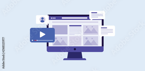 Digital Content Creation Interface - Monitor UI Video Player Web Design Vector Illustration Purple SaaS Dashboard Design Element