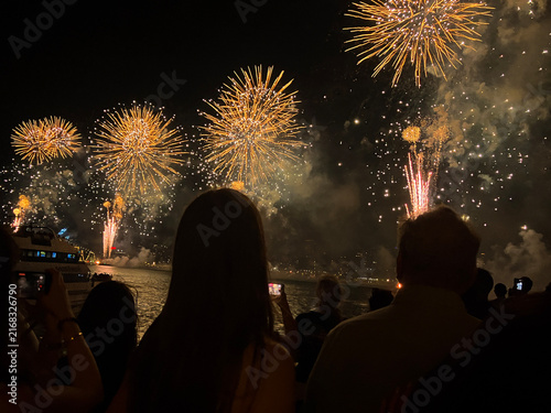Fourth of July Fireworks Over New York Seen from a Boat