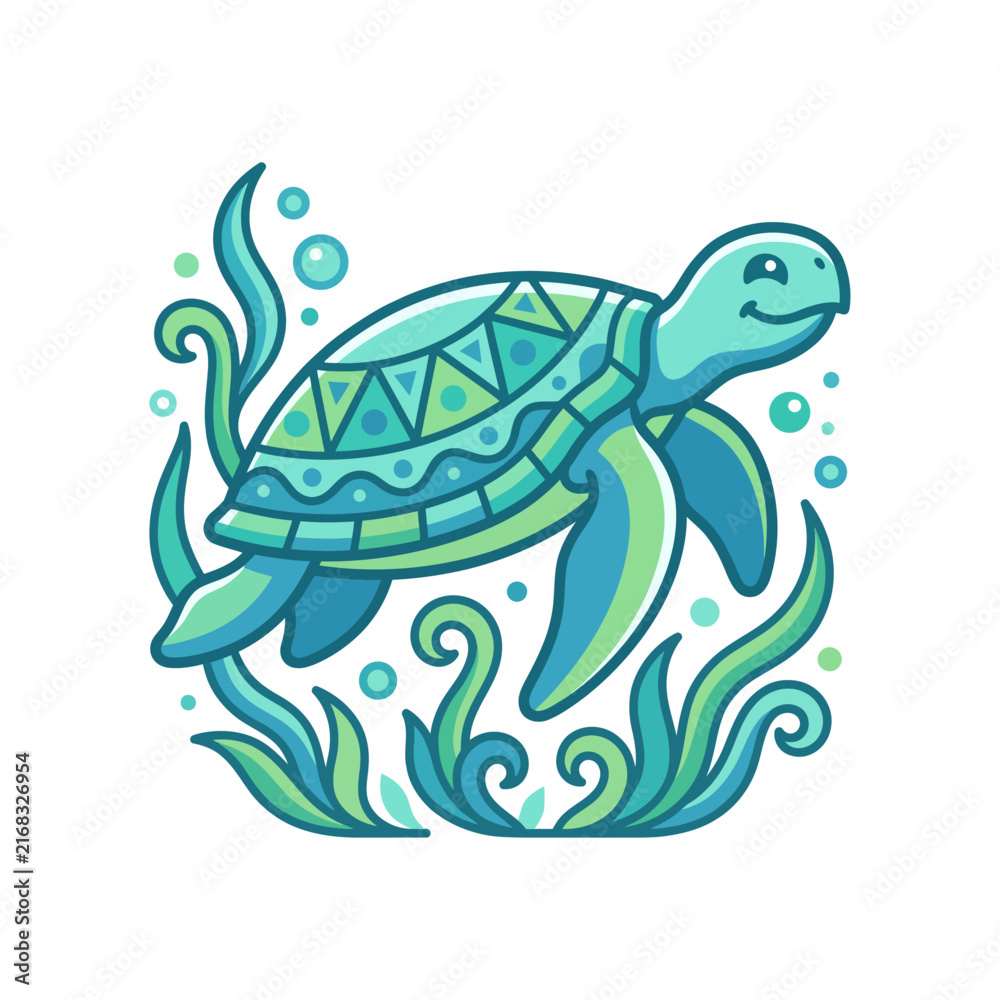 Fototapeta premium Charming Vector Illustration of a Sea Turtle Swimming in Ocean Water with Seaweed and Bubbles