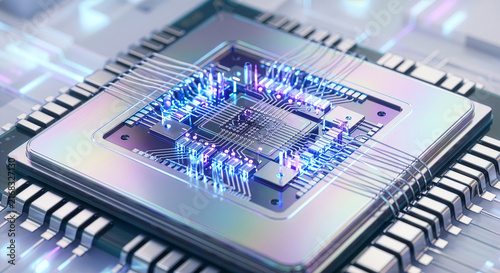 青と紫の光を放つ最先端の半導体マイクロチップと電子回路基板のクローズアップと次世代AIプロセッサや量子コンピューティングのテクノロジー背景素材