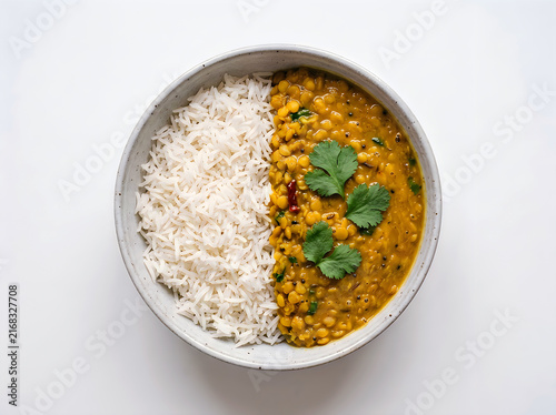 A topdown view of a bowl of yellow dal tadka served with steamed white basmati rice, garnished with fresh cilantro, isolated on white background