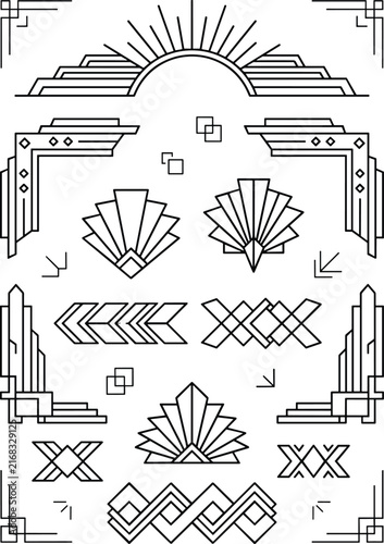 Art deco vintage frames and geometric borders vector ornaments set featuring 1920s luxury lineart elements sunburst fan patterns and elegant corner dividers