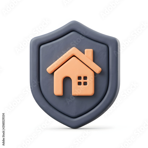 3D render of a house icon inside a protective shield for home security concept.