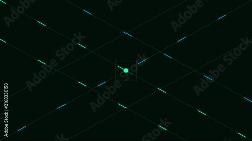 Digital grid interface with pulsing center point and moving light lines for tech backgrounds animation 4k