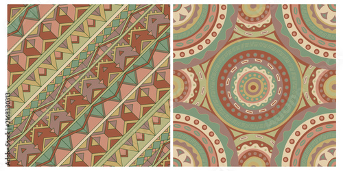Seamless vector pattern set featuring ethnic tribal motifs, geometric diagonal stripes, triangles, rhombuses, and circular mandala ornaments. Vintage African and ancient Egyptian design in muted earth
