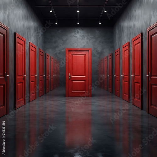 Long dark hallway with many red doors representing choices and opportunities
