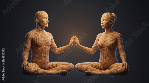 Wicker man and woman figures meditating facing each other touching hands glowing