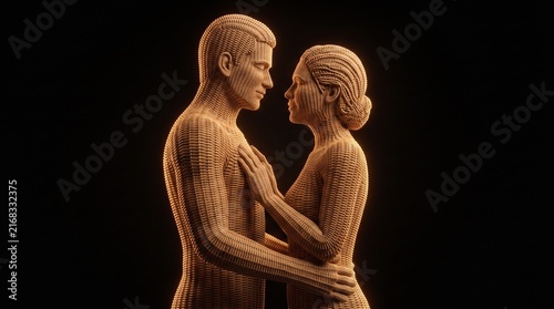Wicker woven couple figures embracing facing each other on dark background