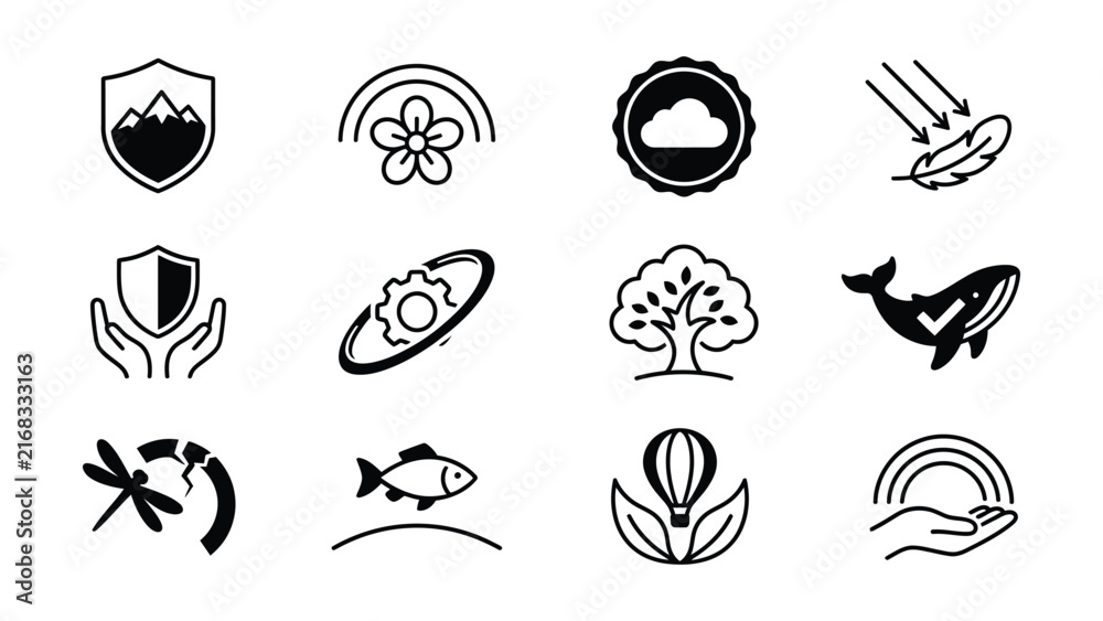 Fototapeta premium Collection of black line icons representing nature and environmental elements