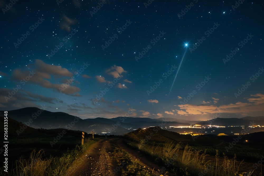 Fototapeta premium Night sky showing a striking shooting star streaking above a scenic mountain range and glowing city lights