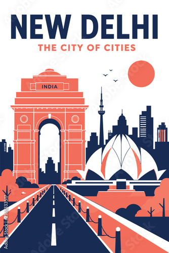New Delhi Cityscape Travel Poster - India Gate and Lotus Temple