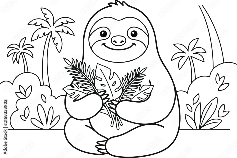 Naklejka premium Cute cartoon sloth sitting and holding tropical leaves, coloring page for kids