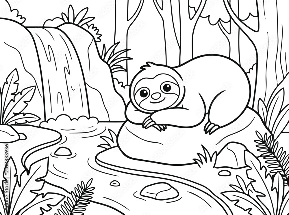 Naklejka premium Cute sloth resting on a rock by a waterfall in the jungle, coloring page for kids